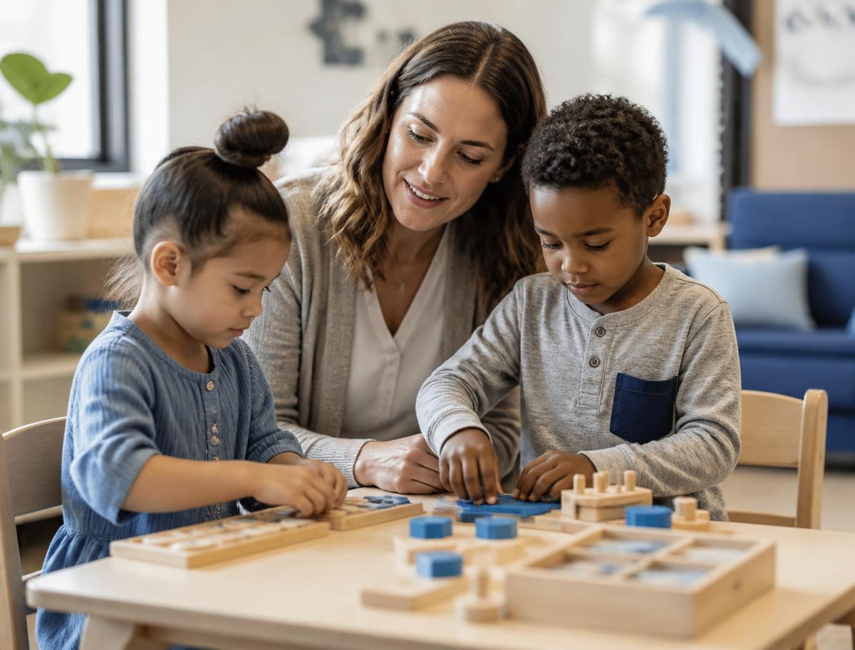 Two children practising turn-taking with a therapist in a bright therapy room